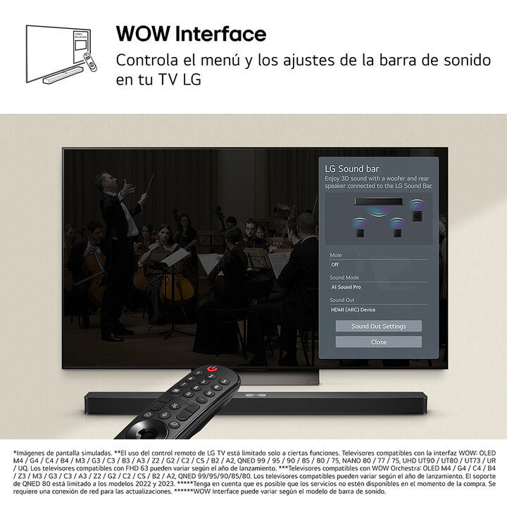Potencia total 340W, configuraci&oacute;n 3.1 canales, AI Room Calibration, WOW Orchestra, HDMI eARC, Bluetooth 5.0