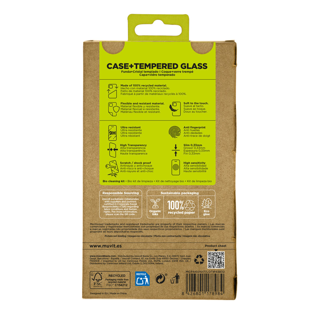 La protección del medio ambiente es, hoy en día, una preocupación en todo momento. Con el PACK funda recycletek +protector eco responsable de muvit for change, proponemos una manera responsable de proteger nuestro smartphone. Porque contribuir en la lucha contra la contaminación y proteger nuestro eco sistema, debe formar parte de nuestros gestos cotidianos.

El PACK incluye la funda Recycletek 100% reciclable y 100% fabricada con materiales reciclados de fundas usadas y vieja. Nuestro protector de pantalla eco responsable, aporta protección extra a la pantalla de tu Smartphone sin perder la sensibilidad al tacto. De alta resistencia a impactos y arañazos con una dureza de 9H (máxima escala). Ambos productos están fabricados con plástico reciclado de origen certificado.

En muvit for change nos comprometemos a donar el 1% de los ingresos para el planeta*.