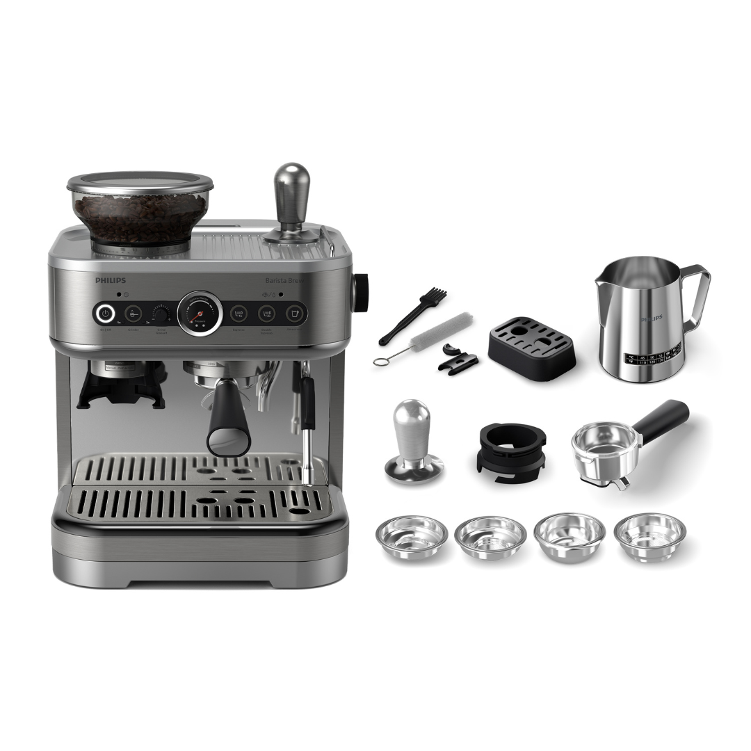 Sumérgete en el variado mundo del café con el contenedor de granos de 250 g para conservar la frescura. Mejora tu experiencia de café con la tranquilidad de que cada preparación conserva su rico aroma. Disfruta de un rico y cremoso café en cada taza gracias al porta litros de acero inoxidable de 58 mm de nivel profesional y las cestas de ltros de una y doble pared. El tamaño de este porta litros te permite crear el perfecto café espreso de color marrón dorado con una espumosa crema aromática y garantiza una extracción más uniforme del café molido gracias a una distribución más amplia del agua. Además, admite una dosis más grande de café molido para conseguir una taza más rica y robusta.Prensa los granos de café molido sin esfuerzo usando el prensador calibrado de acero inoxidable con cabeza plana, que garantiza la presión correcta y crea una super cie equilibrada y uniforme. Mejora tu experiencia de preparación de café con precisión y facilidad. Disfruta de la facilidad de preparar la micro espuma suave perfecta para hacer tus creaciones de café con leche con nuestra jarra de leche a temperatura perfecta de 450 ml y su potente tubo de vapor. La tira de temperatura de la jarra de leche te permite alcanzar la temperatura adecuada de la espuma de leche y crear esa textura aterciopelada sin esfuerzo para saborear el café como a ti te gusta.