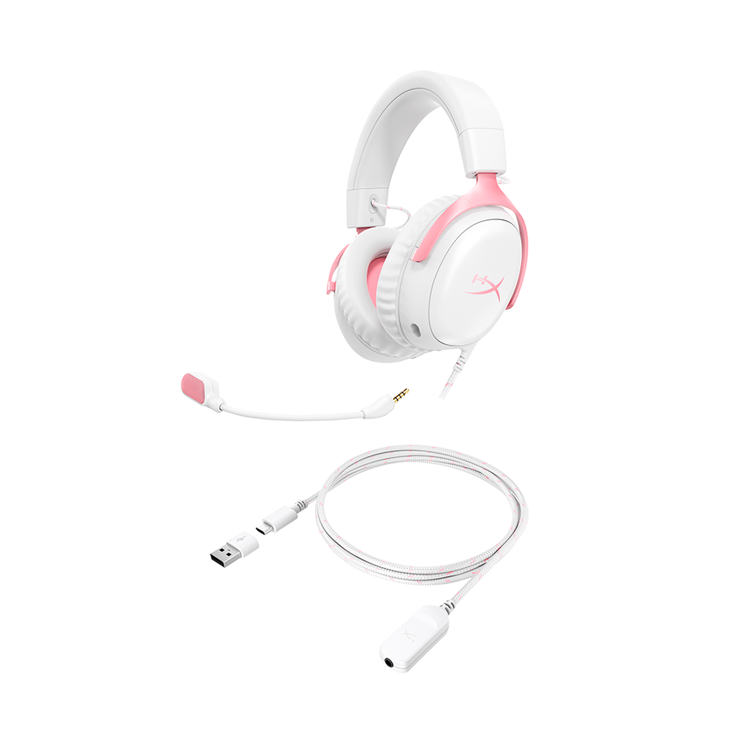 <p>"HyperX Cloud III - Auriculares gaming (blancos/rosas). Tipo de producto: Auriculares. Tecnolog&iacute;a de conectividad: Al&aacute;mbrico. Uso recomendado: Juego. Frecuencia de auricular: 10 - 21000 Hz. Peso: 308 g. Color del producto: Rosa, Blanco. Los HyperX Cloud III son la evoluci&oacute;n de nuestros legendarios Cloud II, que son reconocidos por su confort, calidad de sonido y durabilidad. Con la espuma viscoel&aacute;stica de calidad caracter&iacute;stica de HyperX en las almohadillas de la diadema y de las orejas, ofrece un ajuste c&oacute;modo perfecto para largas sesiones de juego. Tambi&eacute;n cuenta con unos nuevos transductores angulares recalibrados de 53 mm para una experiencia de escucha &oacute;ptima. El micr&oacute;fono mejorado de 10 mm captura con gran claridad las conversaciones dentro del juego y las llamadas. Los sencillos controles del casco de los auriculares te ofrecen un acceso r&aacute;pido y directo para silenciar el micr&oacute;fono o ajustar el volumen. El indicador LED de silencio del micr&oacute;fono muestra claramente si tienes el micr&oacute;fono silenciado. Compatibles con PC, PS5, PS4, Xbox Series X|S, Xbox One, Nintendo Switch, Mac y dispositivos m&oacute;viles. Disfruta de una comodidad y un sonido inigualables en tus plataformas favoritas.</p>
"
