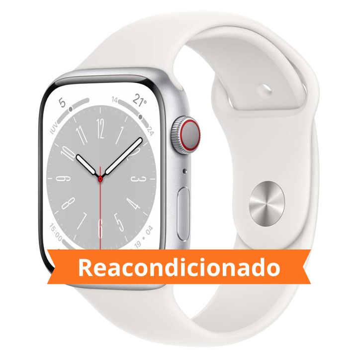 <h2>⭐ Apple Watch Series 8 Aluminio GPS + Cellular 45 mm Plata con Correa Deportiva Blanca</h2>

<p>El Apple Watch Series 8 GPS + Cellular de 45 mm en color plata con correa deportiva blanca combina dise&ntilde;o elegante, conectividad avanzada y funciones inteligentes dise&ntilde;adas para acompa&ntilde;arte durante todo el d&iacute;a. Gracias a su conectividad m&oacute;vil, podr&aacute;s mantenerte conectado incluso cuando no lleves el iPhone contigo.</p>

<ul>
<li>⌚ Modelo: Apple Watch Series 8.</li>
<li>📶 Conectividad GPS + Cellular para realizar llamadas, enviar mensajes y acceder a servicios compatibles directamente desde el reloj.</li>
<li>📏 Tama&ntilde;o de caja: 45 mm.</li>
<li>🎨 Acabado: Caja de aluminio color plata.</li>
<li>⚪ Correa deportiva blanca c&oacute;moda, ligera y resistente para el uso diario.</li>
<li>🖥️ Pantalla de gran tama&ntilde;o con excelente visibilidad, colores vivos y alta nitidez.</li>
<li>📡 Sensores avanzados para el seguimiento de actividad f&iacute;sica y m&eacute;tricas de bienestar.</li>
<li>🏃 Ideal para monitorizar entrenamientos, actividad diaria y objetivos deportivos.</li>
<li>🎙️ Compatible con funciones de voz para realizar acciones r&aacute;pidas y controlar funciones del dispositivo.</li>
<li>🔋 Bater&iacute;a optimizada para acompa&ntilde;arte durante toda la jornada.</li>
<li>📲 Integraci&oacute;n completa con el ecosistema Apple para gestionar notificaciones, llamadas, aplicaciones y mucho m&aacute;s desde la mu&ntilde;eca.</li>
<li>🌦️ Dise&ntilde;o resistente para adaptarse a un uso diario activo.</li>
<li>🔒 Funciones de seguridad avanzadas para mayor tranquilidad en situaciones de emergencia.</li>
<li>🔊 Permite gestionar llamadas, m&uacute;sica, notificaciones y aplicaciones con total comodidad.</li>
</ul>

<p>✅ Mantente conectado, activo y productivo en cualquier lugar gracias a la combinaci&oacute;n de GPS, conectividad m&oacute;vil y las avanzadas funciones inteligentes del Apple Watch Series 8.</p>

<p>⭐ El Apple Watch Series 8 GPS + Cellular 45 mm Plata con Correa Deportiva Blanca destaca por su elegante dise&ntilde;o, su independencia del smartphone gracias a la conectividad celular y sus completas funciones para el d&iacute;a a d&iacute;a, el deporte y la salud.</p>