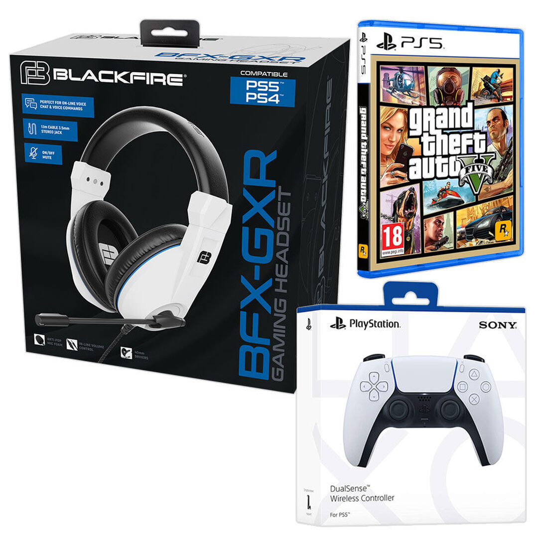 Pack del juego GTA V PS5 (Grand Theft Auto V), DualSense Blanco (v2) y los auriculares gaming BLACKFIRE BFX-GXR para PS5-PS4