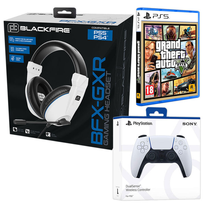 Pack del juego GTA V PS5 (Grand Theft Auto V), DualSense Blanco (v2) y los auriculares gaming BLACKFIRE BFX-GXR para PS5-PS4