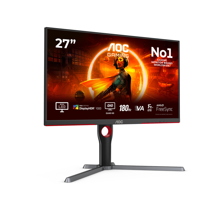 AOC Q27G3XMN/BK Monitor 27" QHD, 180Hz, Fast VA, 1ms MPRT, HDR1000, Adaptive Sync. (2560x1440, 2x HDMI 2.0, 1x DP 1.4), Negro