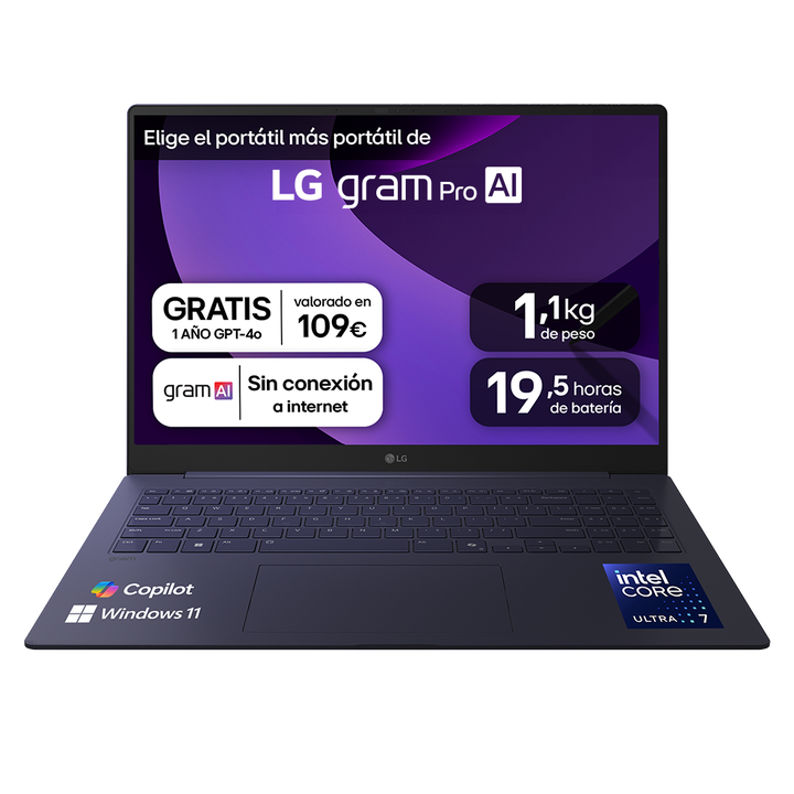 Port&aacute;til 16" LG gram - 16Z90TP, Windows 11, Intel&reg; Arrow Lake, 32 GB RAM, 1TB SSD, Pantalla OLED, Ligero 1,2 Kg, 19.5 h, AI, Negro