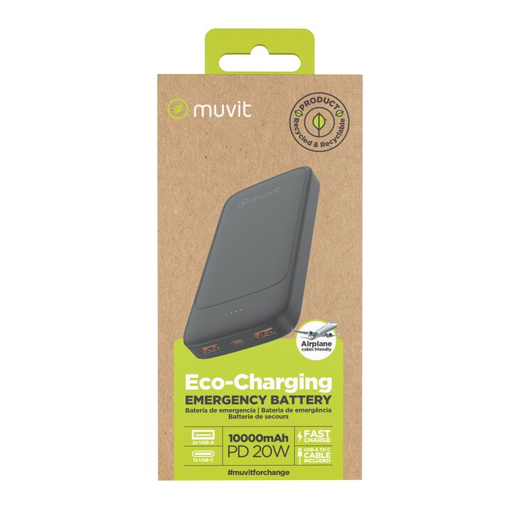 Bater&iacute;a externa de 10000 mAh de color negro de muvit for change. Esta Power Bank dispone un 2 puerto USB A y uno tipo C y est&aacute; hecha con materiales reciclados y reciclables y bater&iacute;a de ion de litio. Incorpora un cable USB-C de 30 cm de TPE reciclado.