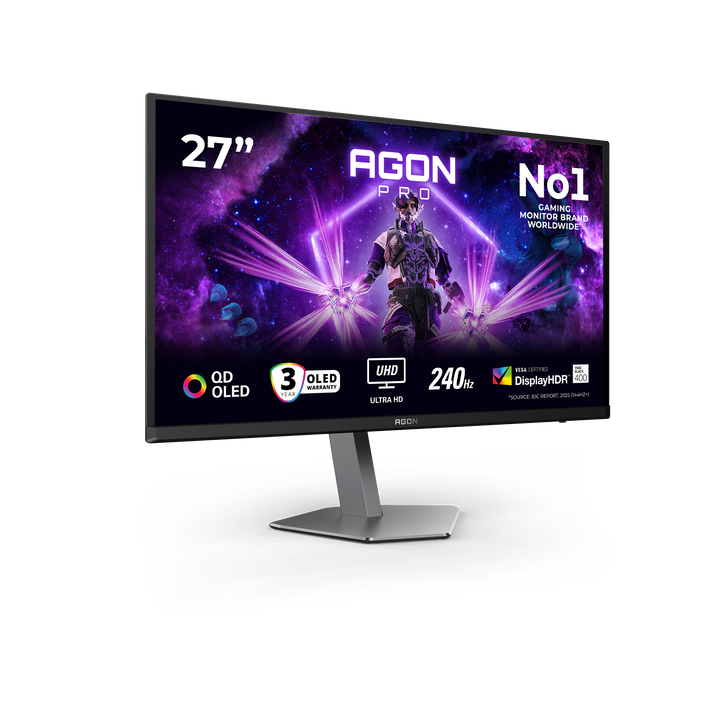 AOC AGON PRO AG276UZD Monitor 27" UHD, 240Hz, QD-OLED, 0.03ms GtG, HDR400, Adaptive Sync, Altura ajustable (3840x2160, 2x HDMI 2.1, 1x DP 2.1, USB-C, USB Hub), Negro