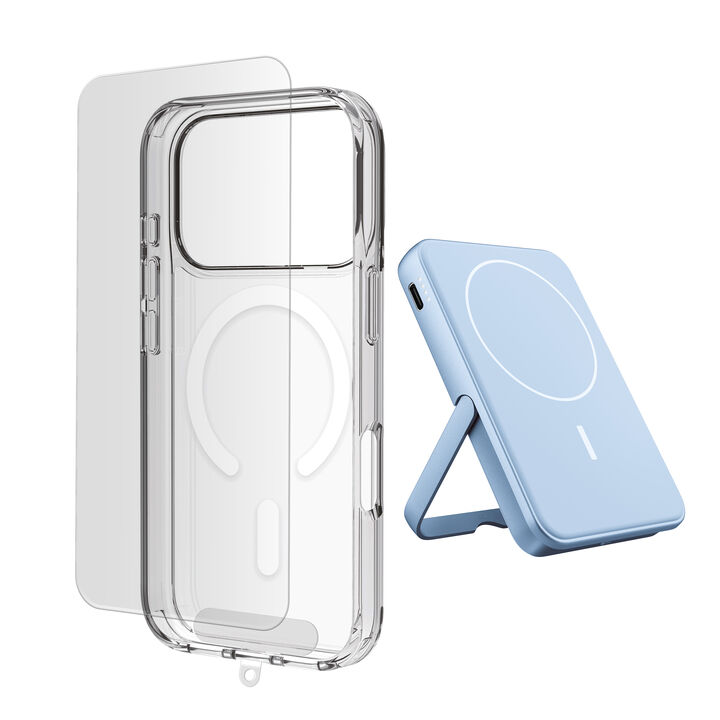 Pack completo 3 en 1 para tu iPhone: funda protectora, protector de pantalla de vidrio templado y powerbank magn&eacute;tica de 5000 mAh. Protecci&oacute;n total y carga inal&aacute;mbrica para tu d&iacute;a a d&iacute;a.