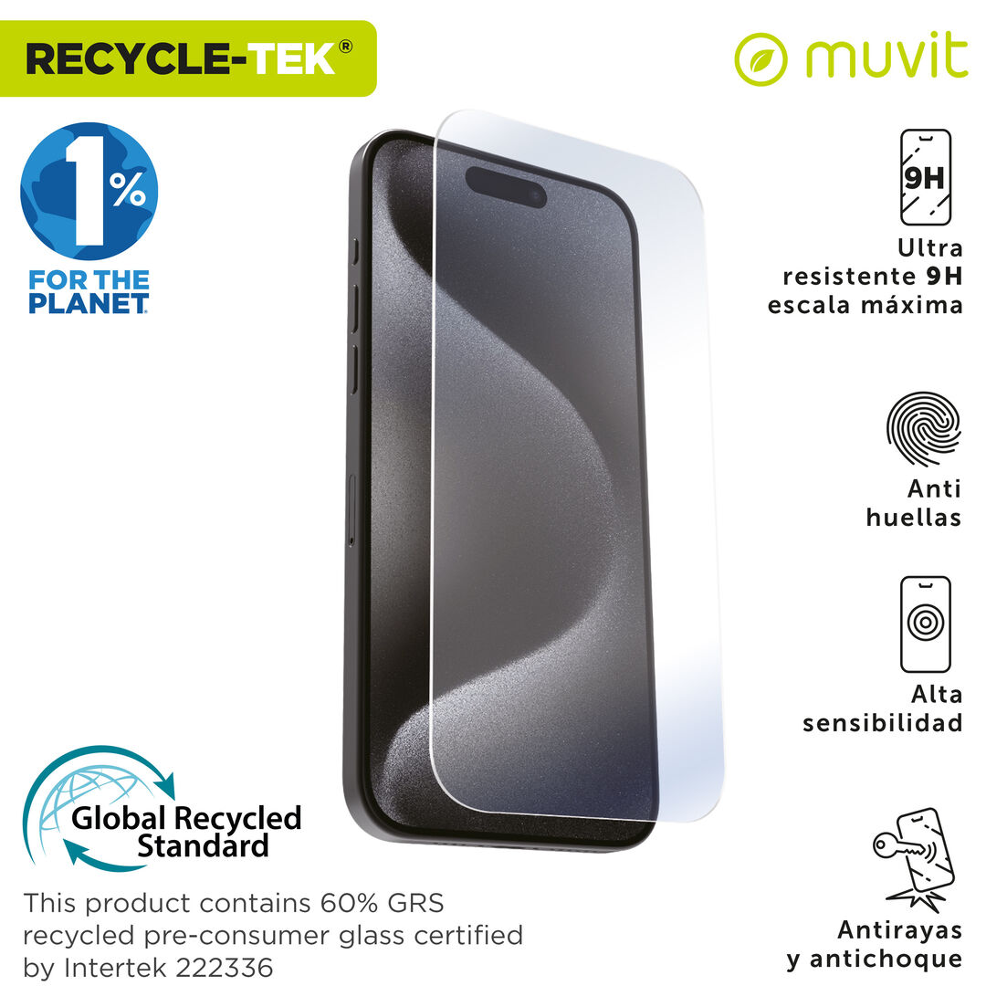 ¡Cuida tu dispositivo y contribuye a cuidar el planeta! Nuestro protector de pantalla eco responsable muvit for change, aporta protección extra a la pantalla de tu Smartphone sin perder la sensibilidad al tacto. De alta resistencia a impactos y arañazos con una dureza de 9H (máxima escala), evitará la rotura de tu pantalla ante un golpe o caída. Su tratamiento oleo fóbico, repele agua, grasa y suciedad. En muvit for change nos comprometemos a donar el 1% de los ingresos para el planeta*.