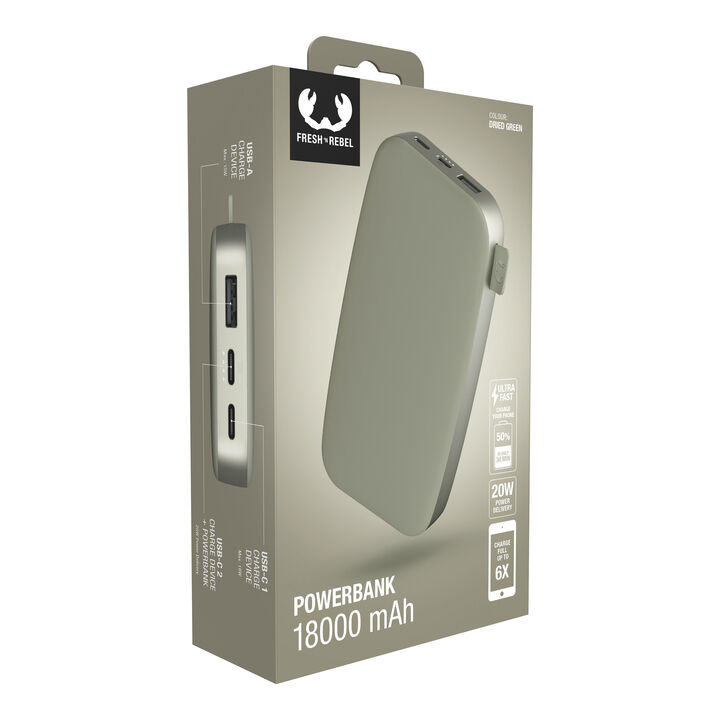 Powerbank 18000 mAh 

Batería recargable de bolsillo 

Nuestros últimos Powerbanks tienen un diseño suave y, gracias a la función de carga rápida, son más rápidos que nunca. Con 20W Power Delivery sus dispositivos estarán listos para funcionar antes de que se de cuenta. El Powerbank 18000 mAh puede cargar su teléfono hasta 6 veces y su tablet hasta 3 veces. 


 *  Carga ultrarrápida con suministro de energía de 20 W 

 *  Carga hasta el 50% en 30 min 

 *  6 características de seguridad 

 *  Aprobado para avión