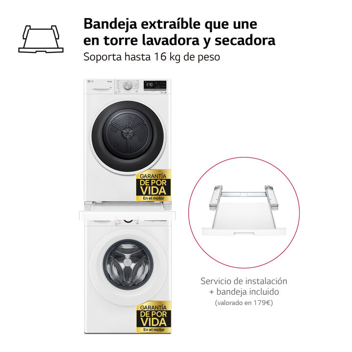 Torre LG 9/9 kg con AI Direct Drive y secado eficiente A++