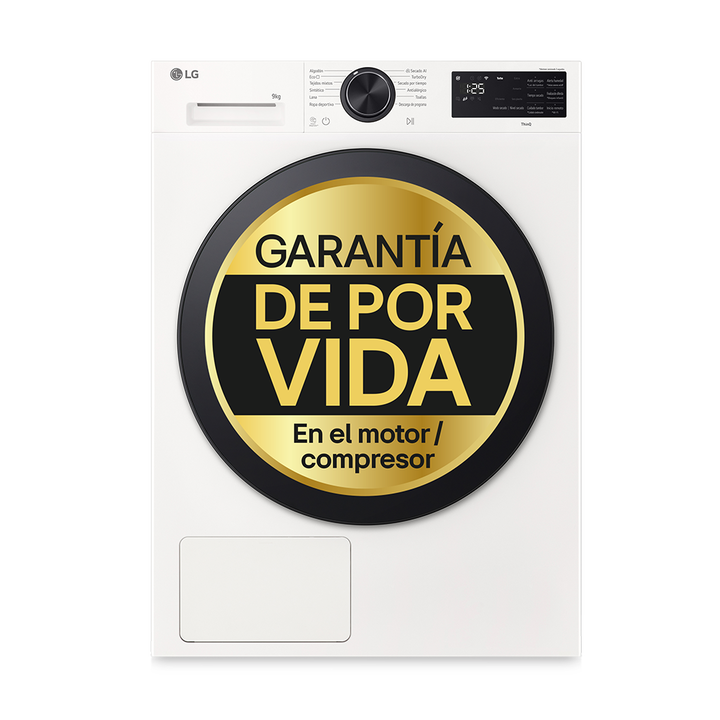 Secadora LG RHX5009TLB con bomba de calor Dual Inverter, AI Dry&trade;, 9 kg de capacidad, eficiencia energ&eacute;tica B y conectividad WiFi ThinQ.