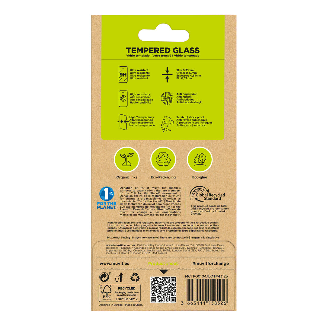 Nuestro protector de pantalla eco responsable muvit for change, aporta protecci&oacute;n extra a la pantalla de tu Smartphone sin perder la sensibilidad al tacto. De alta resistencia a impactos y ara&ntilde;azos con una dureza de 9H (m&aacute;xima escala), evitar&aacute; la rotura de su pantalla ante un golpe o ca&iacute;da. Su tratamiento oleo f&oacute;bico, repele agua, grasa y suciedad.&nbsp;