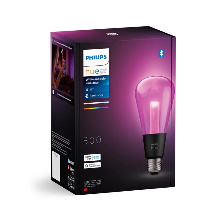 Bombilla St72 E27 Philips Hue White & Color & Bluetooth.

LED integrado.

Bridge NO incluido.

Dimmer Switch NO incluido.

Controlable  por Wifi & Bluetooth.

Sopladas a mano y hechas de vidrio transparente, las bombillas Lightguide son una pieza llamativa. Los reflejos de su c&aacute;mara de aire y su revestimiento juegan entre s&iacute;, creando un efecto de luz &uacute;nico que complementa perfectamente su forma &uacute;nica de globo.
