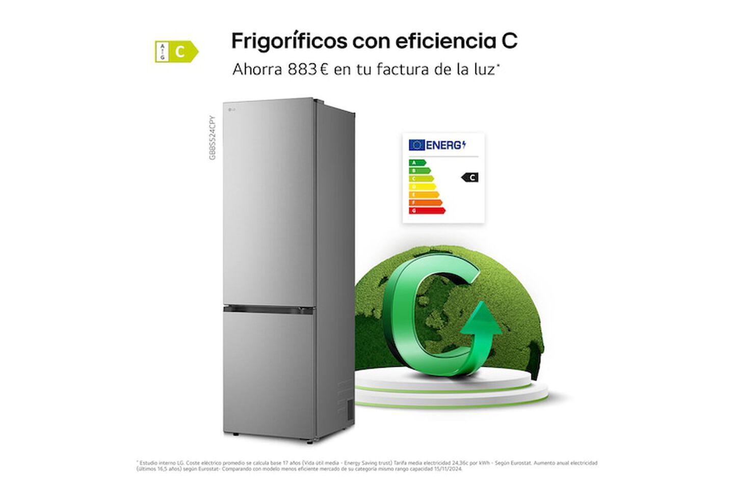 Frigorífico Combi LG GBBS524CPY, 375L, No Frost, DoorCooling+, Inox antihuellas, Clase C