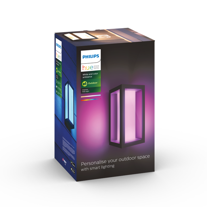 <p>Aplique de Pared Impress Philips Hue White&amp; Color.</p>
<p>Bridge NOincluido.</p>
<p>Dimmer Switch NO incluido.</p>
<p>Ahora puedes ampliar la tecnolog&iacute;a Hue a tus espacios exteriores. El aplique Impress puede conectarse a tu puente Hue existente para disfrutar de todas las funcionalidades, como el control y la programaci&oacute;n a distancia, pero tambi&eacute;n es ideal para crear ambiente</p>
<ul style="list-style-type: circle;">
<li><strong>Casquillo:</strong>Integrado.</li>
<li><strong>Voltaje (V):</strong>230V</li>
<li><strong>Consumo (W):</strong>2x8W</li>
<li><strong>Luminosidad (LM):</strong>1200 lm a 4000K</li>
<li><strong>Horas duraci&oacute;n:</strong>25.000</li>
<li><strong>Di&aacute;metro (mm):</strong>120</li>
<li><strong>Altura(mm):</strong>240</li>
<li><strong>Fondo (mm):</strong>140</li>
<li><strong>Regulable:</strong>SI</li>
<li><strong>Cambio de Color:</strong>SI</li>
<li><strong>Mando Dimmer Switch incluido:</strong>NO</li>
<li><strong>Driver Incluido:</strong>SI</li>
<li><strong>Protecci&oacute;n IP:</strong>IP44</li>
</ul>