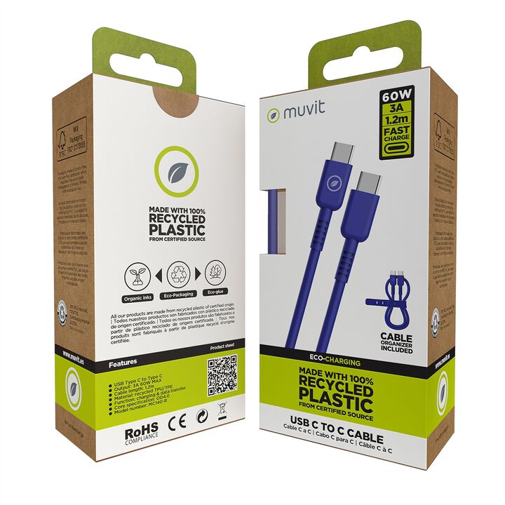 Carga y transfiere datos entre tus dispositivos con la nueva gama de cables y cargadores de muvit for change y contribuye a hacer del planeta un lugar mejor. 

Cable para carga y transferencia de datos con conector Tipo C a Tipo C, 3A transferencia r&aacute;pida, 1.2m de longitud, en color azul, 100% reciclable y fabricado con materiales reciclados de origen certificado RCS - RECYCLED CLAIM STANDARD.  

En muvit for change nos comprometemos a donar el 1% de los ingresos para el planeta*.
