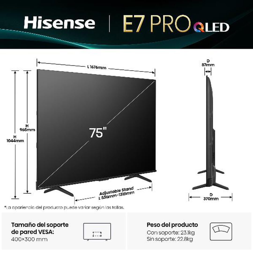 QLED TV 75E7Q Pro Gaming .TV 75 pulgadas con Modo Juego de 144Hz. Serie E7Q PRO
AMD Freesync Premium Pro, Dolby Vision IQ + Dolby Atmos, Hi-Concerto, Procesador Hi-View Engine