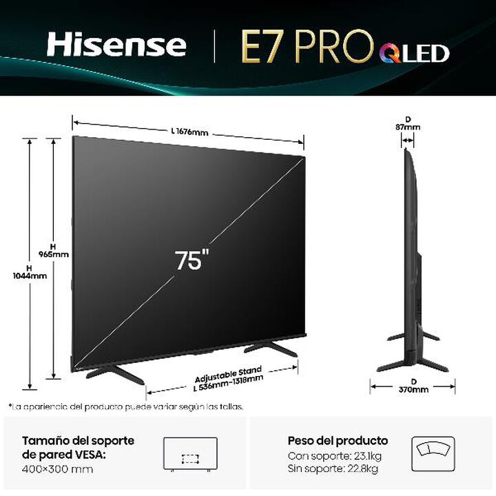 QLED TV 75E7Q Pro Gaming .TV 75 pulgadas con Modo Juego de 144Hz. Serie E7Q PRO
AMD Freesync Premium Pro, Dolby Vision IQ + Dolby Atmos, Hi-Concerto, Procesador Hi-View Engine