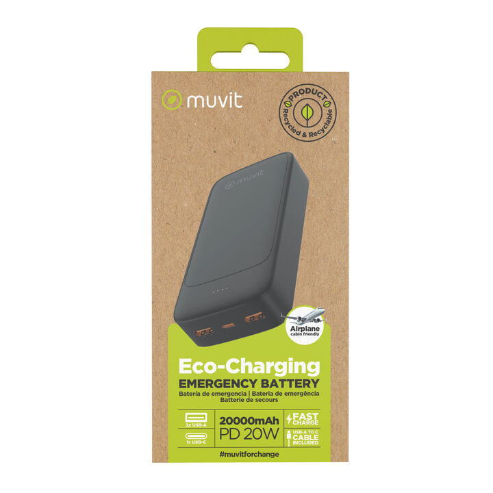 Bater&iacute;a externa de 20000 mAh de color negro de muvit for change. Esta Power Bank dispone un 2 puerto USB A y uno tipo C y est&aacute; hecha con materiales reciclados y reciclables y bater&iacute;a de ion de litio. Incorpora un cable USB-C de 30 cm de TPE reciclado.