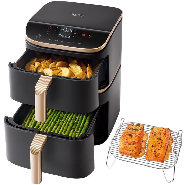 Descubre una nueva forma de cocinar con mayor capacidad y eficiencia en menos espacio. Con un total de 10.8L, distribuidos en 4.3L en la cesta superior y 6.5L en la inferior, esta innovadora freidora de aire Cosori Turbo Tower Pro Smart™ Chef Edition te permite preparar más alimentos sin ocupar más lugar en tu cocina
