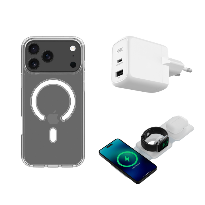 <p>El pack KSIX para iPhone 17 Pro re&uacute;ne tres accesorios esenciales para proteger y cargar tu smartphone en cualquier momento del d&iacute;a. Incluye una funda transparente Flex MagCharge compatible con carga magn&eacute;tica, un cargador GaN de 45W con carga r&aacute;pida y un cargador inal&aacute;mbrico 3en1 plegable compatible con MagSafe&reg; para iPhone&reg;, Apple&reg; Watch y AirPods. Una soluci&oacute;n pr&aacute;ctica pensada para mantener todo tu ecosistema cargado y protegido tanto en casa como en la oficina o durante tus viajes.</p>