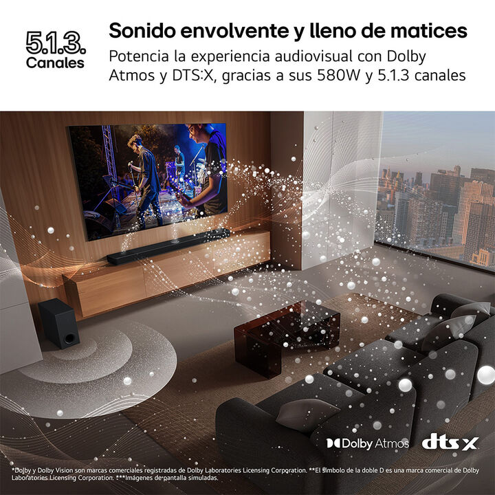 Barra 5.1.3 con sub y traseros inal&aacute;mbricos, 580 W, Dolby Atmos, IA adaptativa.