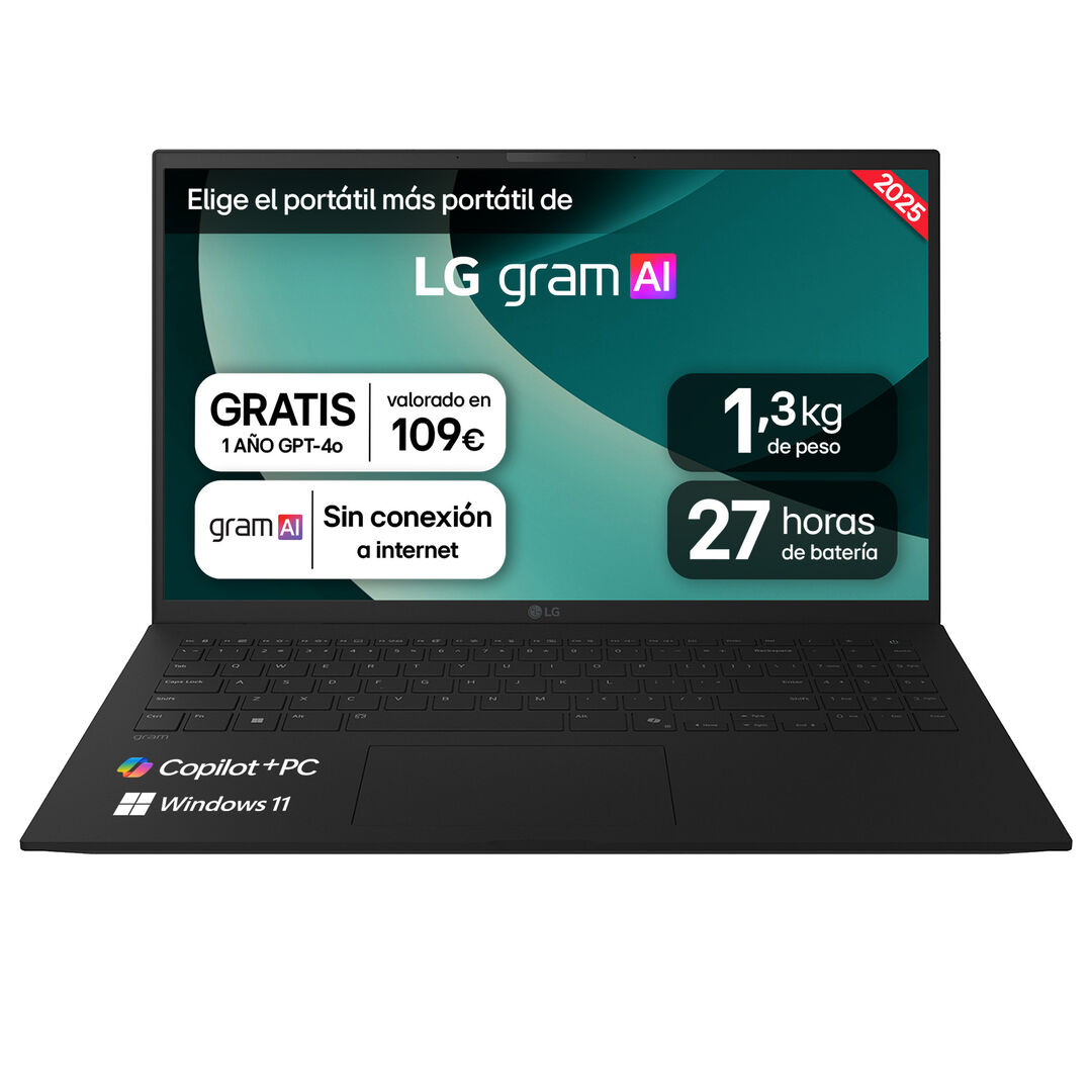 Port&aacute;til 15" LG gram - 15Z80T, Windows 11, AMD Ryzen&trade; AI 7, Copilot+PC, 32 GB RAM, 1 TB SSD, Panel IPS FHD, Ligero 1,3 Kg, 27h, Negro