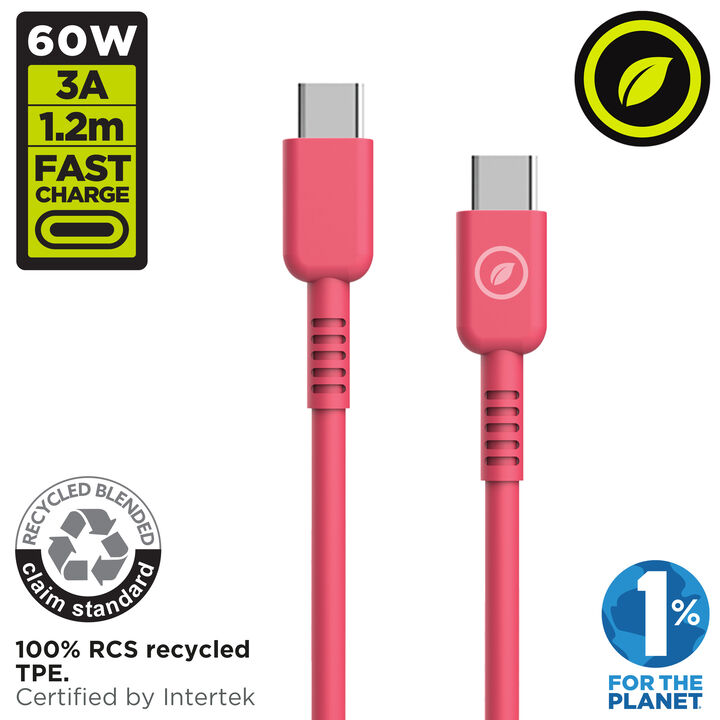 Carga y transfiere datos entre tus dispositivos con la nueva gama de cables y cargadores de muvit for change y contribuye a hacer del planeta un lugar mejor. 

Cable para carga y transferencia de datos con conector Tipo C a Tipo C, 3A transferencia r&aacute;pida,1.2m de longitud, en color magenta, 100% reciclable y fabricado con materiales reciclados de origen certificado RCS - RECYCLED CLAIM STANDARD.&nbsp; 

En muvit for change nos comprometemos a donar el 1% de los ingresos para el planeta*.&nbsp;