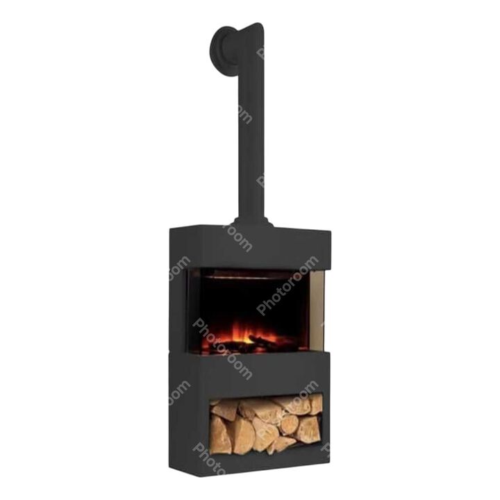 Estufa el&eacute;ctrica de suelo. Incluye tubo de humos decorativo. Efecto de llamas LED independiente del calefactor. Efecto le&ntilde;os. Dos potencias. Termostato ajustable. Espacio inferior para le&ntilde;a decorativa.