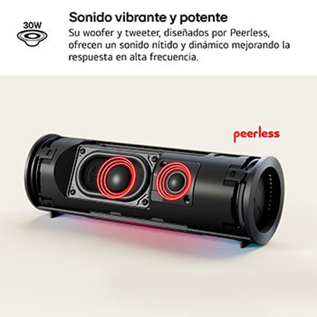 Altavoz portátil robusto IP67, correa integrada, 20 h, sonido potente y luz dinámica.