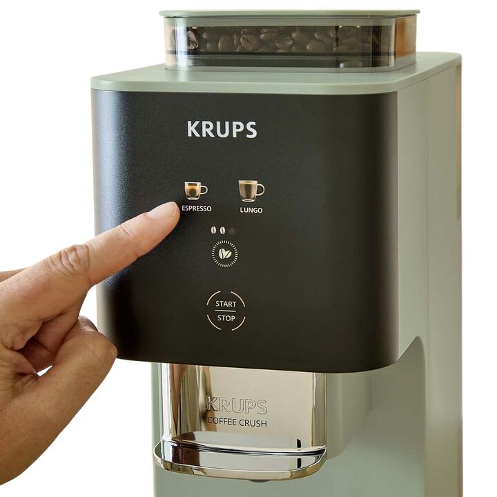 Cafetera autom&aacute;tica Krups Coffee Crush ultra compacta con caf&eacute; reci&eacute;n molido, 15 bares de presi&oacute;n y control t&aacute;ctil para preparar espresso o lungo a tu gusto.