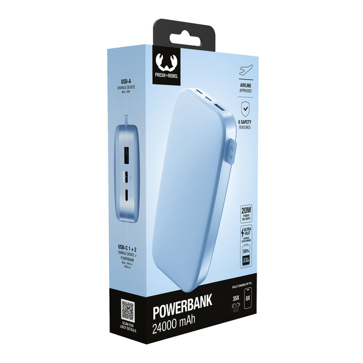 La Fresh n Rebel Powerbank de 24.000 mAh es una bater&iacute;a externa de gran capacidad con carga r&aacute;pida de 20W Power Delivery. Permite cargar varios dispositivos a la vez y ofrece autonom&iacute;a suficiente para varios d&iacute;as, siendo ideal para viajes, uso intensivo o compartir energ&iacute;a entre varios dispositivos.