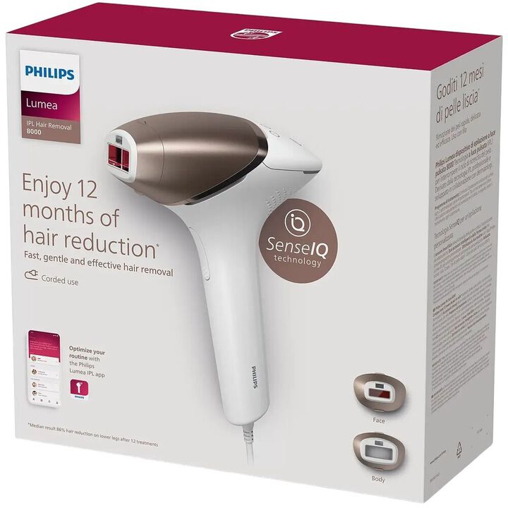 Disfruta de un tratamiento rápido y personalizado con Lumea IPL Serie 8000 Prestige. Tecnología SenseIQ con accesorios inteligentes y aplicación Lumea IPL para conseguir una piel suave durante más tiempo