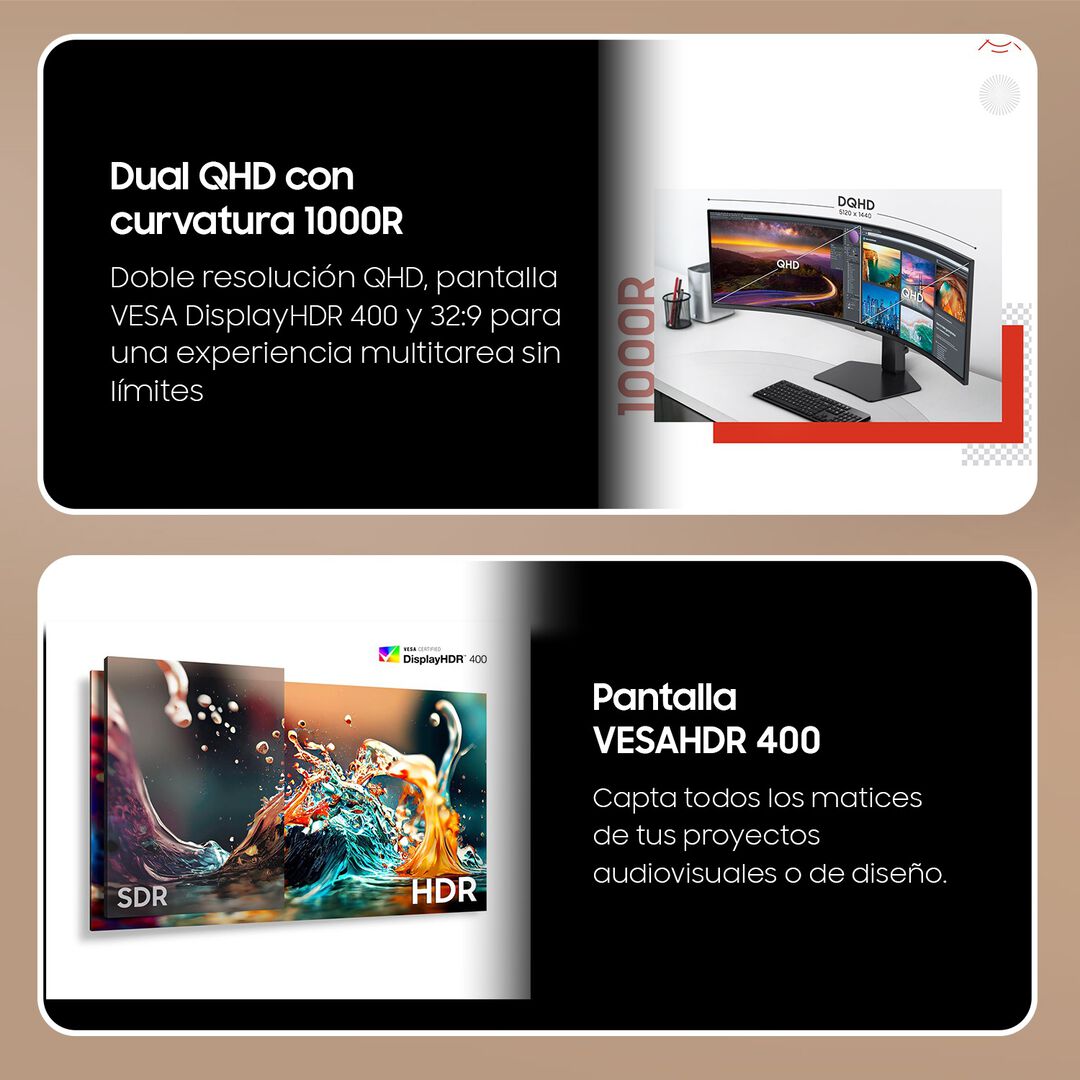 Sumérgete para mejorar tu productividad en todos tus proyectos. La pantalla curva 1000R de 49" te envuelve en una relación de aspecto de 32:9 que se adapta perfectamente a tu campo de visión. Podrás ver y hacer más con una pantalla más amplia en Dual QHD, para una mayor productividad con mayor comodidad.