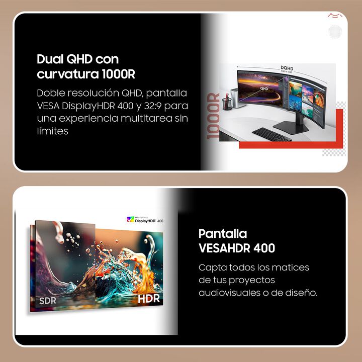 Sumérgete para mejorar tu productividad en todos tus proyectos. La pantalla curva 1000R de 49" te envuelve en una relación de aspecto de 32:9 que se adapta perfectamente a tu campo de visión. Podrás ver y hacer más con una pantalla más amplia en Dual QHD, para una mayor productividad con mayor comodidad.