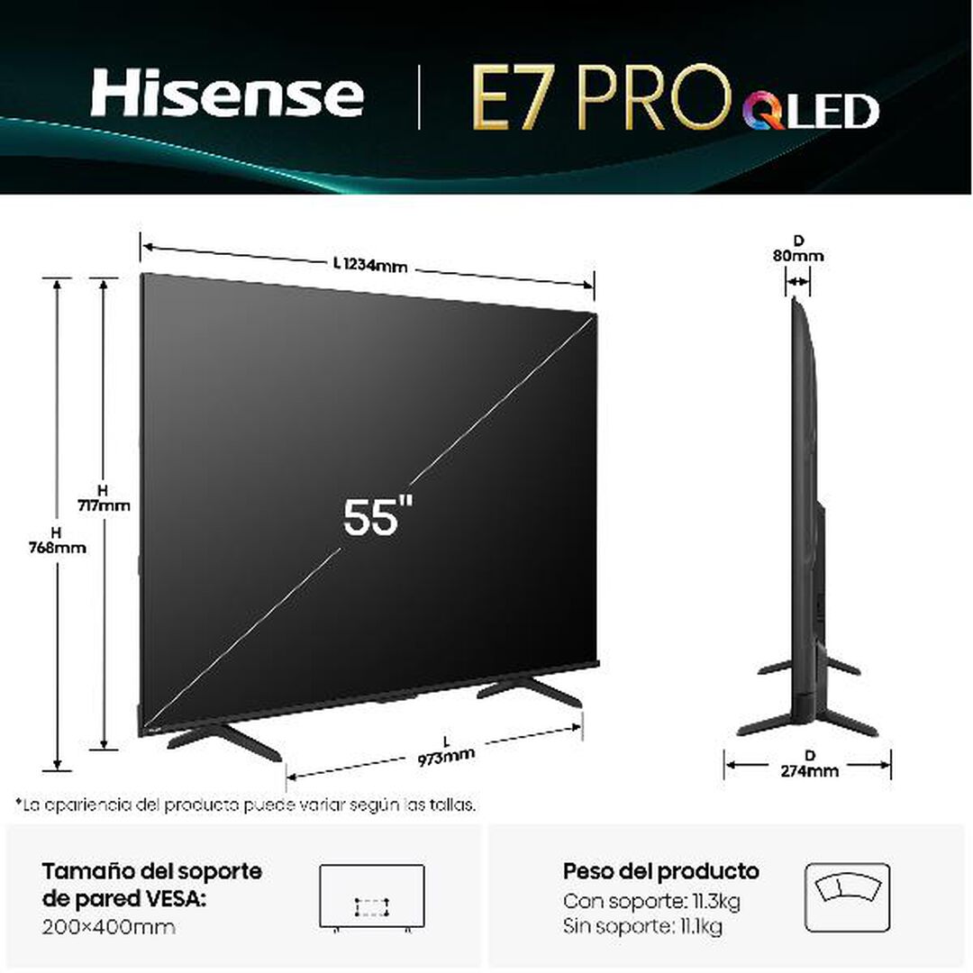 TV 55 pulgadas con Modo Juego de 144Hz. Serie E7Q PRO QLED TV 55E7Q Pro Gaming 
AMD Freesync Premium Pro, Dolby Vision IQ + Dolby Atmos, Hi-Concerto, Procesador Hi-View Engine