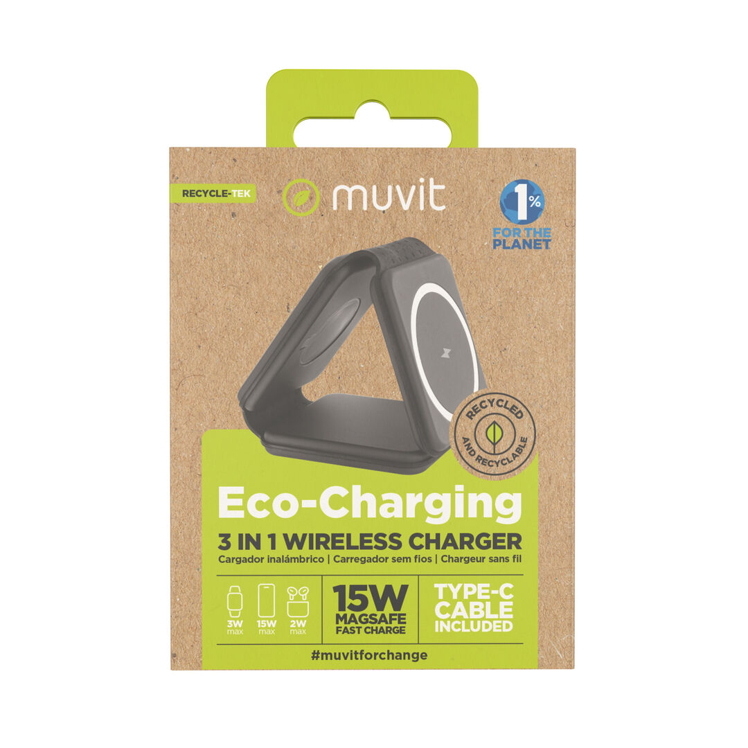 Carga tus dispositivos a la vez con el cargador m&uacute;ltiple de muvit for change. Con los tres segmentos de los que dispone, podr&aacute;s cargar tu smartphone, tu reloj inteligente y tus auriculares inal&aacute;mbricos al mismo momento. Y puedes llev&aacute;rtelo d&oacute;nde quieras ya que es muy compacto y muy vers&aacute;til, por lo que puedes cargar de forma inal&aacute;mbrica todos tus dispositivos.&nbsp; 

En muvit for change nos comprometemos a donar el 1% de los ingresos para el planeta*.&nbsp;