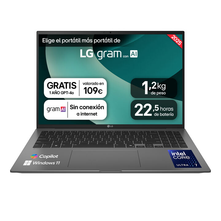 Port&aacute;til 16" LG gram - 16Z90T, Windows 11, Intel&reg; Core&trade; Arrow Lake, 16 GB RAM, 1 TB SSD, Panel IPS WQXGA (2560x1600), Ligero 1,2 kg, 22,5 horas de bater&iacute;a, Gris
