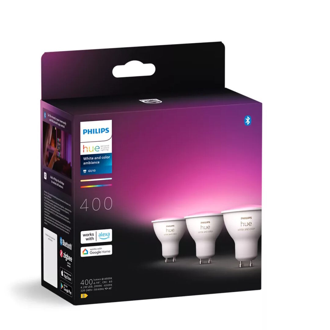 Pack Triple GU10 Philips Hue White & Color & Bluetooth.

LED integrado.

Bridge NO incluido.

Dimmer Switch NO incluido.

Controlable  por Wifi & Bluetooth.

Da color a tu hogar con un foco con casquillo. Con 16 millones de colores, esta luz puede aportar una nueva personalidad a tu hogar. Contrólalo al instante por Bluetooth en una habitación, o bien conéctate a un Hue Bridge para disfrutar de toda la variedad de funciones.