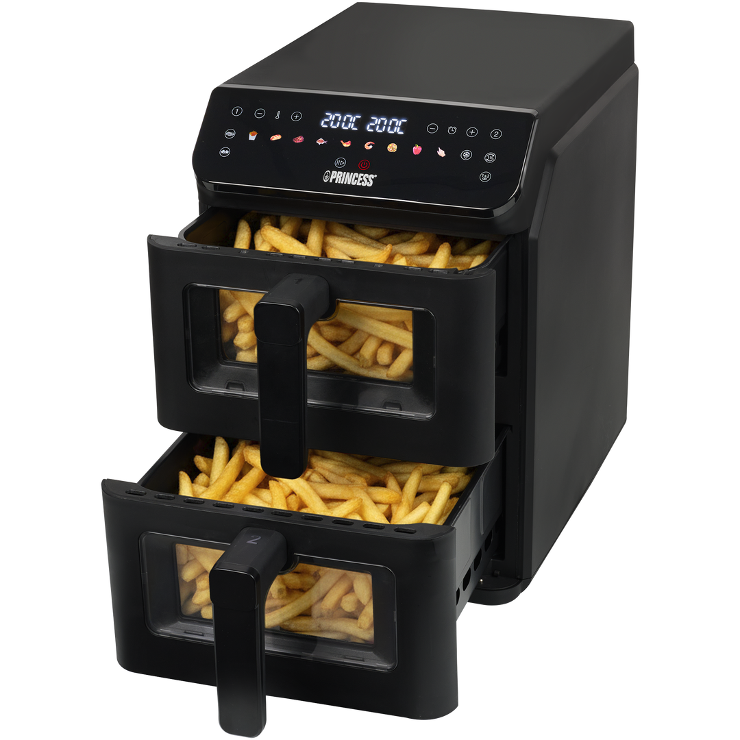 Experimente la combinación de comodidad, capacidad y rendimiento con la freidora de aire Princess Stack. Gracias a sus dos cestas de 5.6 litros, podrá preparar dos platos a la vez sin mezclar sabores ni aromas. Su diseño vertical ahorra valioso espacio en la encimera, mientras que la potencia de 3000 vatios y la función Sync Cooking garantizan una cocción rápida y uniforme. Con once programas automáticos, panel de control digital, rango de temperatura de hasta 200 °C y freír sin aceite, esta es la freidora todoterreno para su cocina.