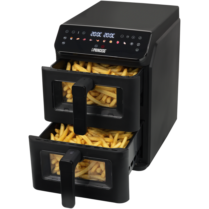 Experimente la combinación de comodidad, capacidad y rendimiento con la freidora de aire Princess Stack. Gracias a sus dos cestas de 5.6 litros, podrá preparar dos platos a la vez sin mezclar sabores ni aromas. Su diseño vertical ahorra valioso espacio en la encimera, mientras que la potencia de 3000 vatios y la función Sync Cooking garantizan una cocción rápida y uniforme. Con once programas automáticos, panel de control digital, rango de temperatura de hasta 200 °C y freír sin aceite, esta es la freidora todoterreno para su cocina.
