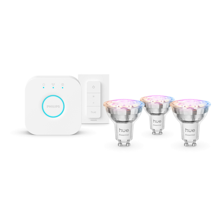 Starter Kit Bombilla Gu10 Philips Hue Essential White & Color & Zigbee Bluetooth.

LED integrado.

Bridge incluido.

Dimmer Switch incluido.

Controlable  por Zigbee & Bluetooth.

A&ntilde;ade color ambiental a cualquier habitaci&oacute;n con el kit de inicio Gu-10 de Philips Hue White and color ambiance. Conecta con el Hue Bridge que se incluye para aprovechar la interminable lista de funcionalidades. Contr&oacute;lalo mediante la aplicaci&oacute;n, la voz o los interruptores incluidos. y a un precio much&iacute;simo m&aacute;s econ&oacute;mico