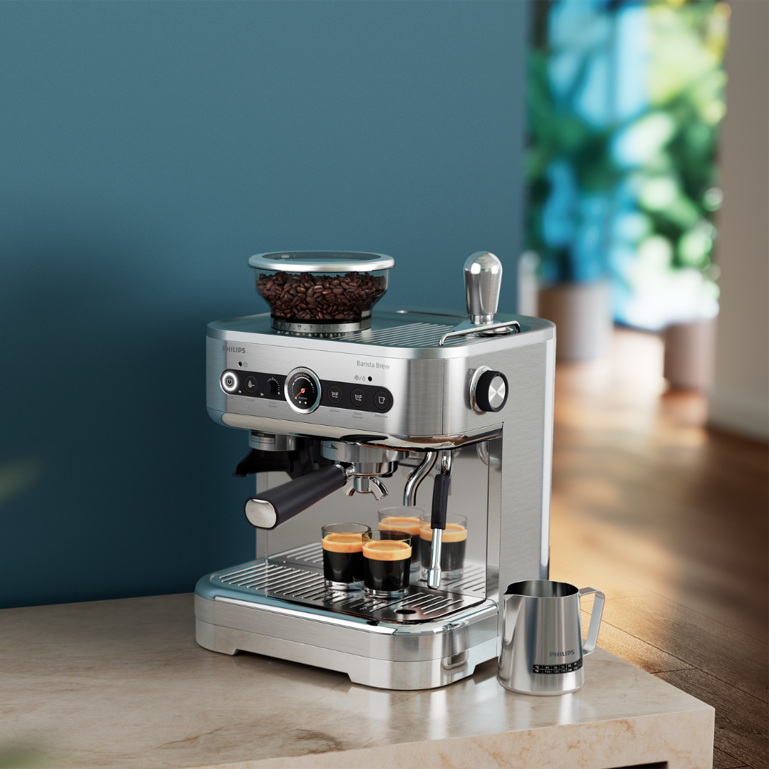 Sumérgete en el variado mundo del café con el contenedor de granos de 250 g para conservar la frescura. Mejora tu experiencia de café con la tranquilidad de que cada preparación conserva su rico aroma. Disfruta de un rico y cremoso café en cada taza gracias al porta litros de acero inoxidable de 58 mm de nivel profesional y las cestas de ltros de una y doble pared. El tamaño de este porta litros te permite crear el perfecto café espreso de color marrón dorado con una espumosa crema aromática y garantiza una extracción más uniforme del café molido gracias a una distribución más amplia del agua. Además, admite una dosis más grande de café molido para conseguir una taza más rica y robusta.Prensa los granos de café molido sin esfuerzo usando el prensador calibrado de acero inoxidable con cabeza plana, que garantiza la presión correcta y crea una super cie equilibrada y uniforme. Mejora tu experiencia de preparación de café con precisión y facilidad. Disfruta de la facilidad de preparar la micro espuma suave perfecta para hacer tus creaciones de café con leche con nuestra jarra de leche a temperatura perfecta de 450 ml y su potente tubo de vapor. La tira de temperatura de la jarra de leche te permite alcanzar la temperatura adecuada de la espuma de leche y crear esa textura aterciopelada sin esfuerzo para saborear el café como a ti te gusta.