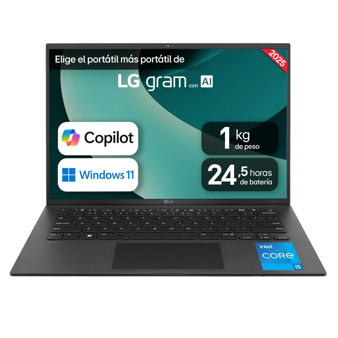 Port&aacute;til 14" LG gram - 14Z90RU, Windows 11, Intel&reg; Core&trade; i5, 16 GB RAM, 1 TB SSD, Panel IPS WUXGA (1920x1200), Ligero 1 kg, 24,5 horas de bater&iacute;a, Negro