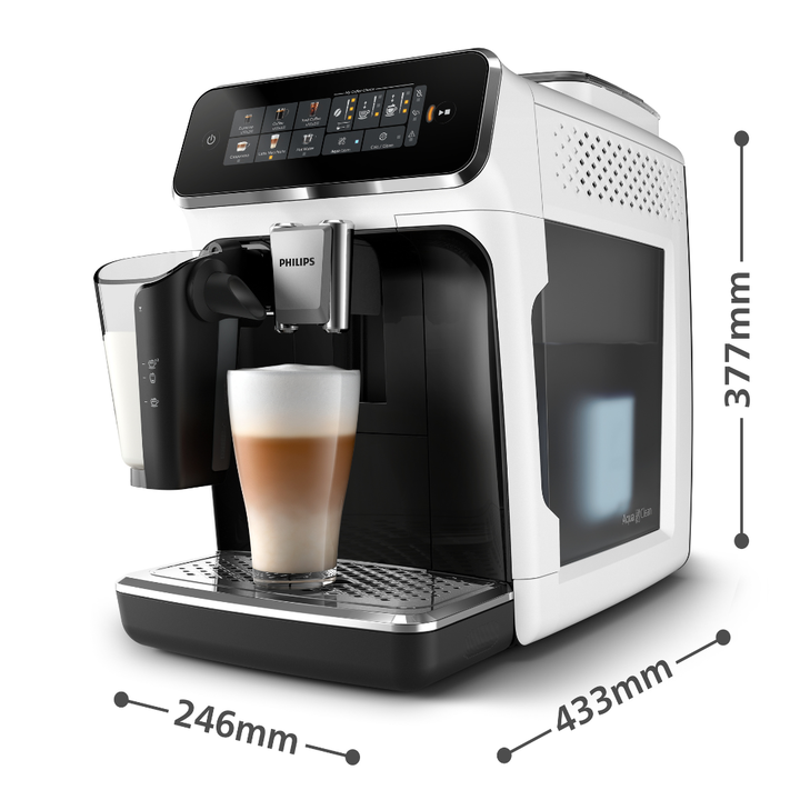 Disfruta de 6 bebidas calientes y refrescantes con un solo toque, con la crema, el aroma y la temperatura perfectos. LatteGo prepara automáticamente espuma de leche suave como la seda para tus cafés, es fácil de configurar y se puede limpiar en solo 10 segundos*.