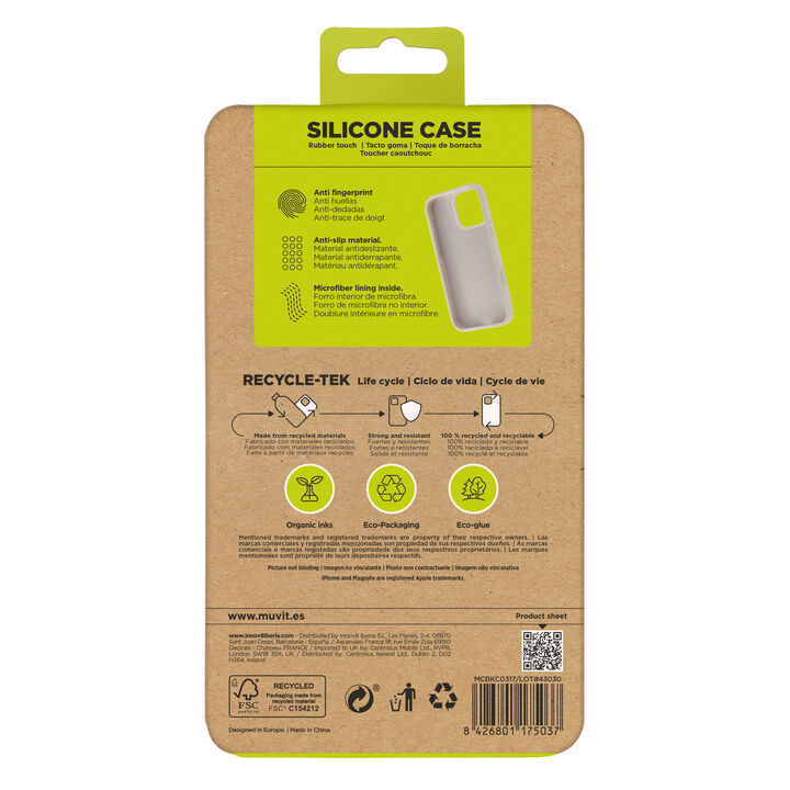 Nuestra funda liquid de muvit for change, fabricada en silicona reciclada certificada, aporta un tacto extra suave con un acabado interior en microfibra. A&ntilde;ade un toque de color a tu iPhone 

La protecci&oacute;n del medio ambiente es, hoy en d&iacute;a, una preocupaci&oacute;n en todo momento, con las fundas recycletek de muvit for change, proponemos una gama de fundas reciclables, fabricadas con materiales reciclados con certificado GRS. Una manera responsable de proteger nuestro smartphone.&nbsp;