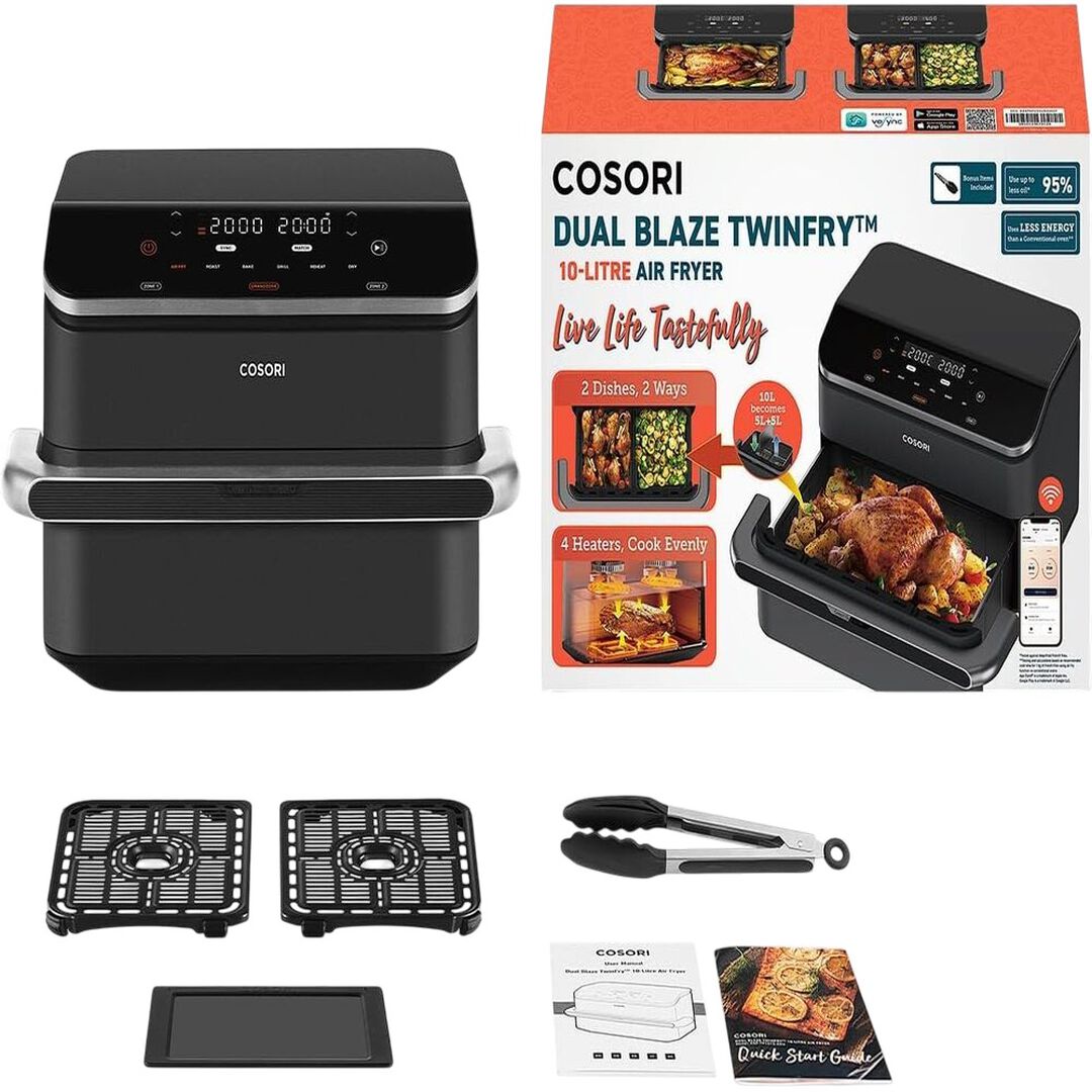 Freidora de aire con doble resistencia y tecnología Dual Blaze, para cocinar varios alimentos a la vez
