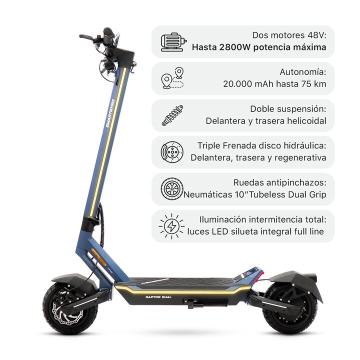 Patinete el&eacute;ctrico certificado con una potencia m&aacute;xima de 2800W doble motor 48V, bater&iacute;a de litio de 20.000 mAh con hasta 75 km de autonom&iacute;a, ruedas de 10" neum&aacute;ticas tubeless, frenos hidr&aacute;ulicos, suspensi&oacute;n delantera y trasera por elast&oacute;meros, triple frenada, intermitentes y APP compatible