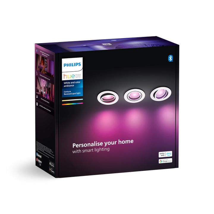<p>Pack Triple Empotrable de techo HUE Centura.</p>
<p>Bridge NO&nbsp;incluido.</p>
<p>Dimmer Switch NO incluido.</p>
<p>Bombilla incluida.</p>
<p>Controlable por Wifi &amp; Bluetooth.</p>
<p>Crea el ambiente perfecto con Hue Centura, que ofrece 16 millones de colores. Ideal para el sal&oacute;n y el dormitorio. Contr&oacute;lalo por Bluetooth al instante en una sala o empar&eacute;jalo con un Hue Bridge para disfrutar de toda una variedad de funciones de iluminaci&oacute;n inteligente.</p>
<ul style="list-style-type: circle;">
<li><strong>Casquillo:</strong>&nbsp;GU10</li>
<li><strong>Voltaje (V):&nbsp;</strong>230V</li>
<li><strong>Consumo (W):</strong>&nbsp;5,7W</li>
<li><strong>Luminosidad (LM):</strong>&nbsp;350lm</li>
<li><strong>Horas duraci&oacute;n:&nbsp;</strong>15.000h</li>
<li><strong>Di&aacute;metro (mm):</strong>&nbsp;90</li>
<li><strong>Altura empotrada (mm):&nbsp;</strong>100</li>
<li><strong>&Aacute;ngulo apertura:</strong>&nbsp;45&ordm;</li>
<li><strong>Regulable:</strong>&nbsp;SI</li>
<li><strong>Cambio de Color RGBW:</strong>&nbsp;SI</li>
</ul>